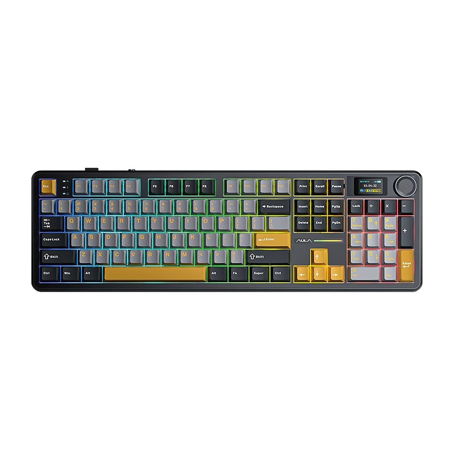 KeyBoard  Bluetooth, Aula F108 Pro, Reaper switch, 104 keys, EN/RU/KZ BT/2.4 GHz/USB, Gray+Yellow