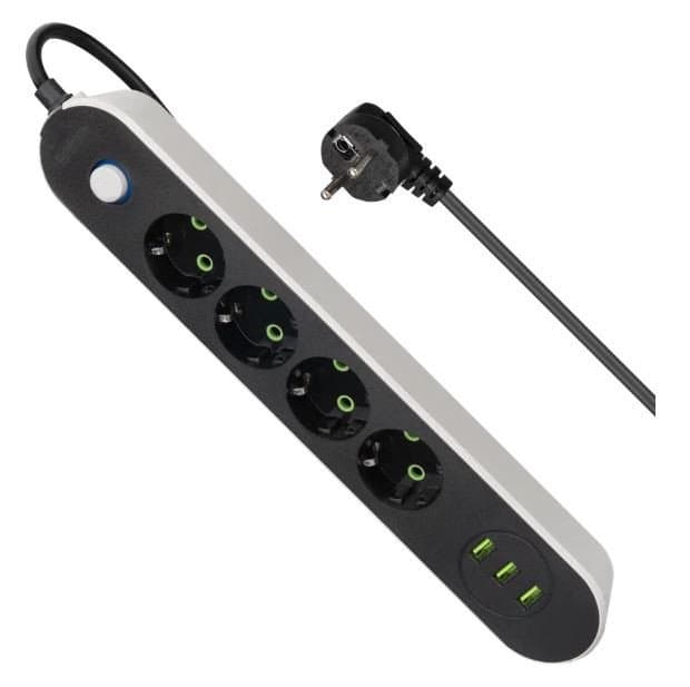 Удлинитель Defender без заземления R210 3 м, 4 розетки, 3xUSB, черный