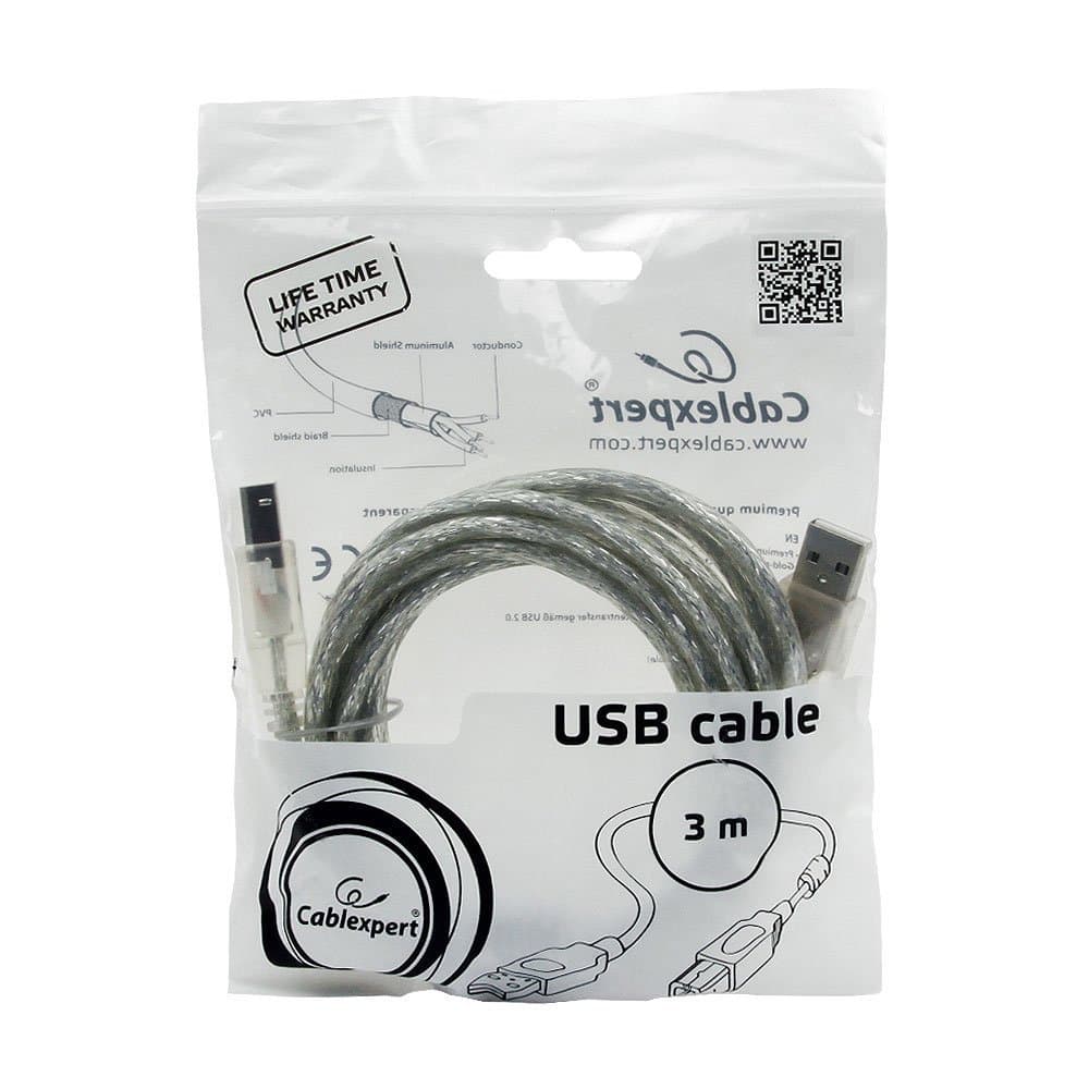 Кабель USB 2.0 Pro Cablexpert CCF-USB2-AMBM-TR-10, AM/BM, 3м, экран, феррит.кольцо, прозрачный, паке