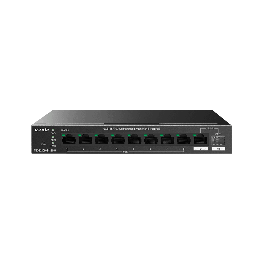 PoE-коммутатор с облачным управлением 9GE+1SFP Tenda TEG2210P-8-120W с 16-Port PoE черный