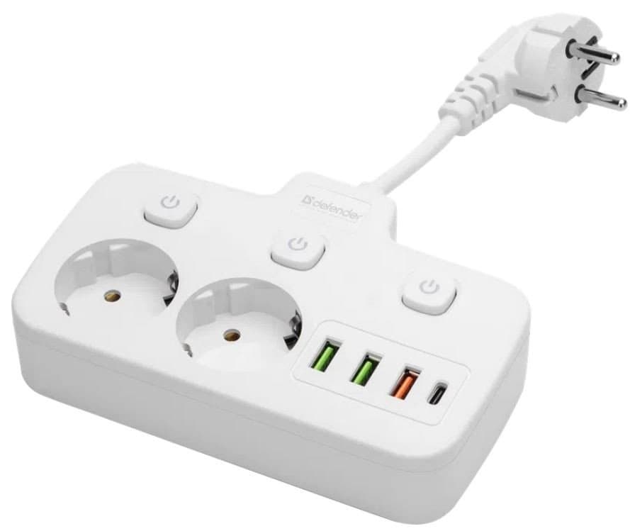 Удлинитель Defender без заземления R240 0.2м, 2 розетки, 3xUSB, 1xType-C, белый