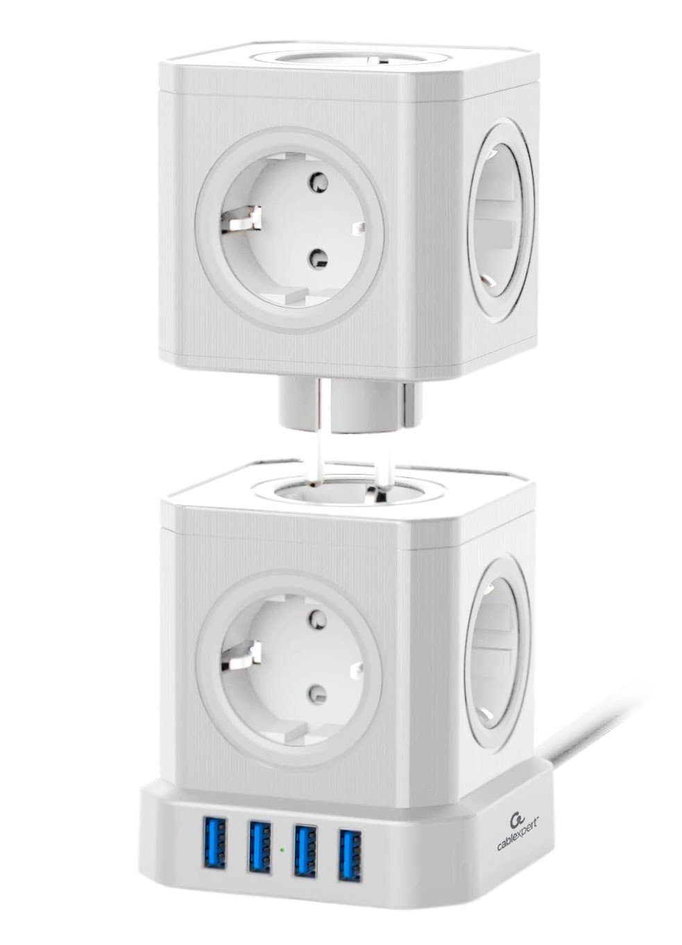 Сетевой фильтр Cablexpert Tower TWR-9-U4-W-2, 9р, 16А, 4хUSB, 3.1А, 2м, ур.защиты 4+, коробка белый