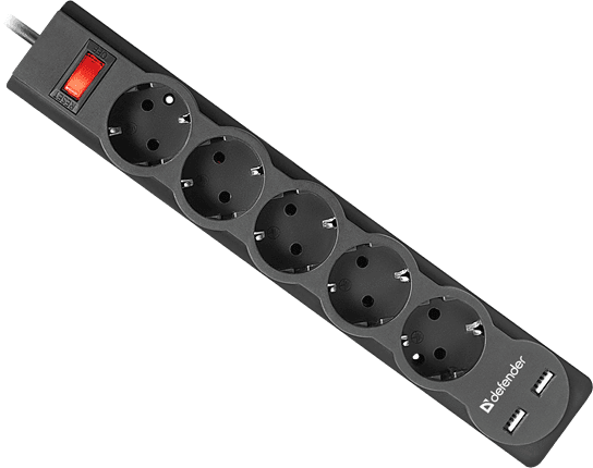 Сетевой фильтр Defender DFS 751 5 розеток, 1.8 м (защита от ВЧ и импульсных помех, USB зарядка 2.1А)