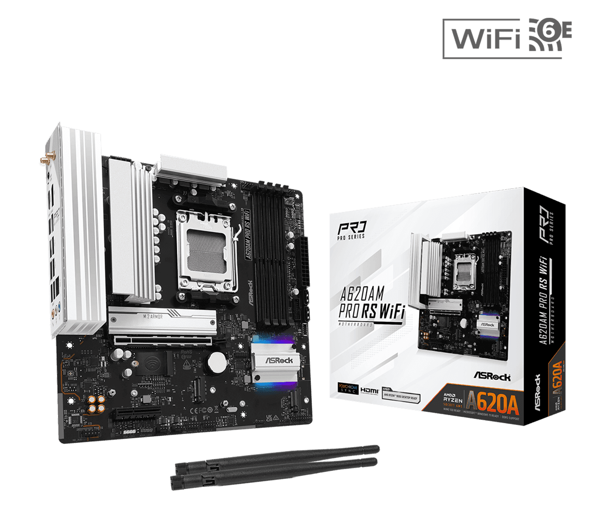 Материнская плата ASRock A620AM PRO RS WIFI AM5 4xDDR5 2xSATA3 RAID 3xM.2 Type-C HDMI DP WiFi6E mATX