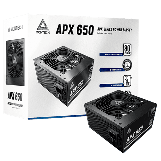Блок питания Montech  650W, APX 650W, Non Modular, ATX, 80+ WHITE, КПД 90%, Fan 120mm, Черный